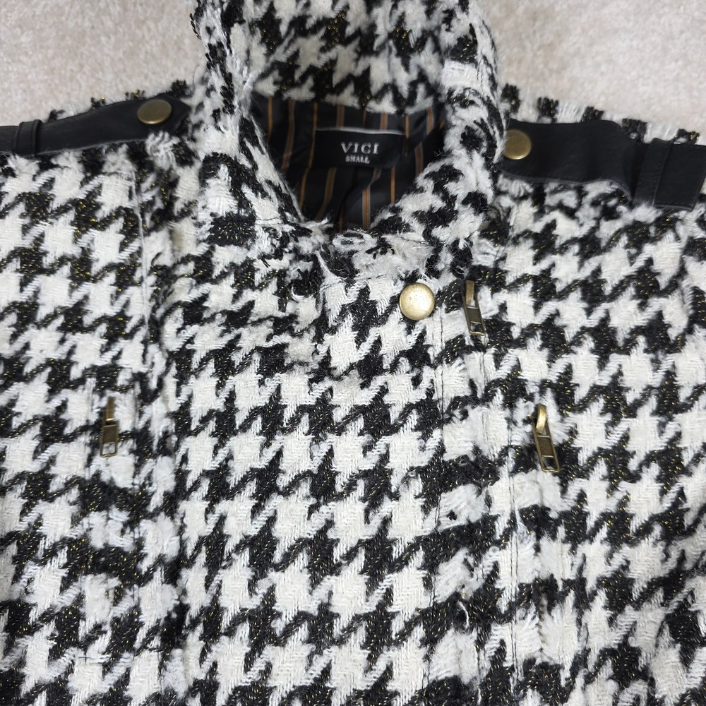 VICI Moto Jacket Womens Small Black White Gold‎ Houndstooth Tweed Faux Leather